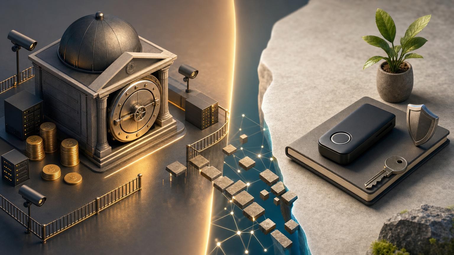 A beginner comparing a custodial crypto account with a non-custodial wallet by reviewing private-key control, recovery, and transaction risks